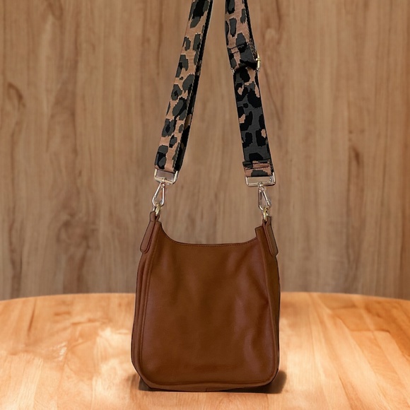 ADORNED LEATHER MESSENGER CROSSBODY with Cheetah Removable Guitar Strap in Tan - Picture 3 of 5